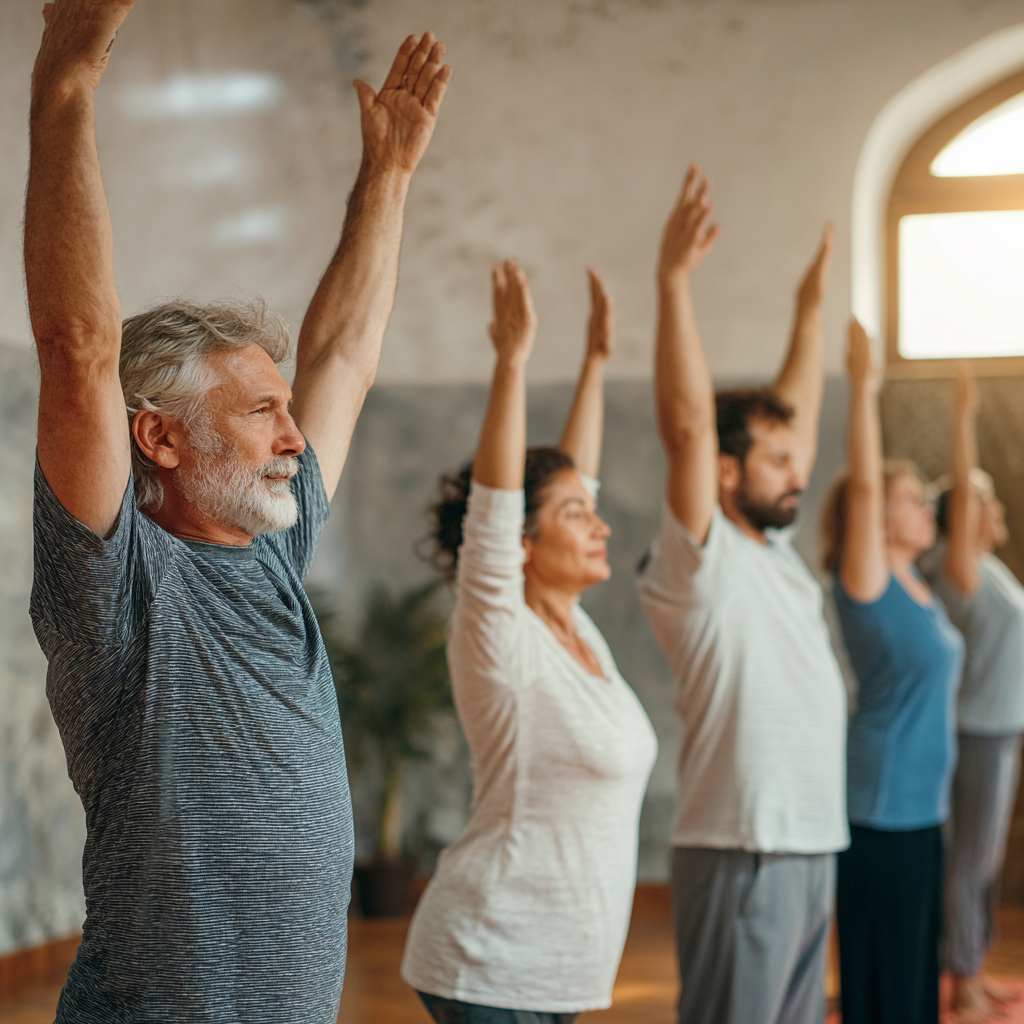 Romanian adults engaged in low-impact exercise session, demonstrating gradual fitness progression and small consistent movements